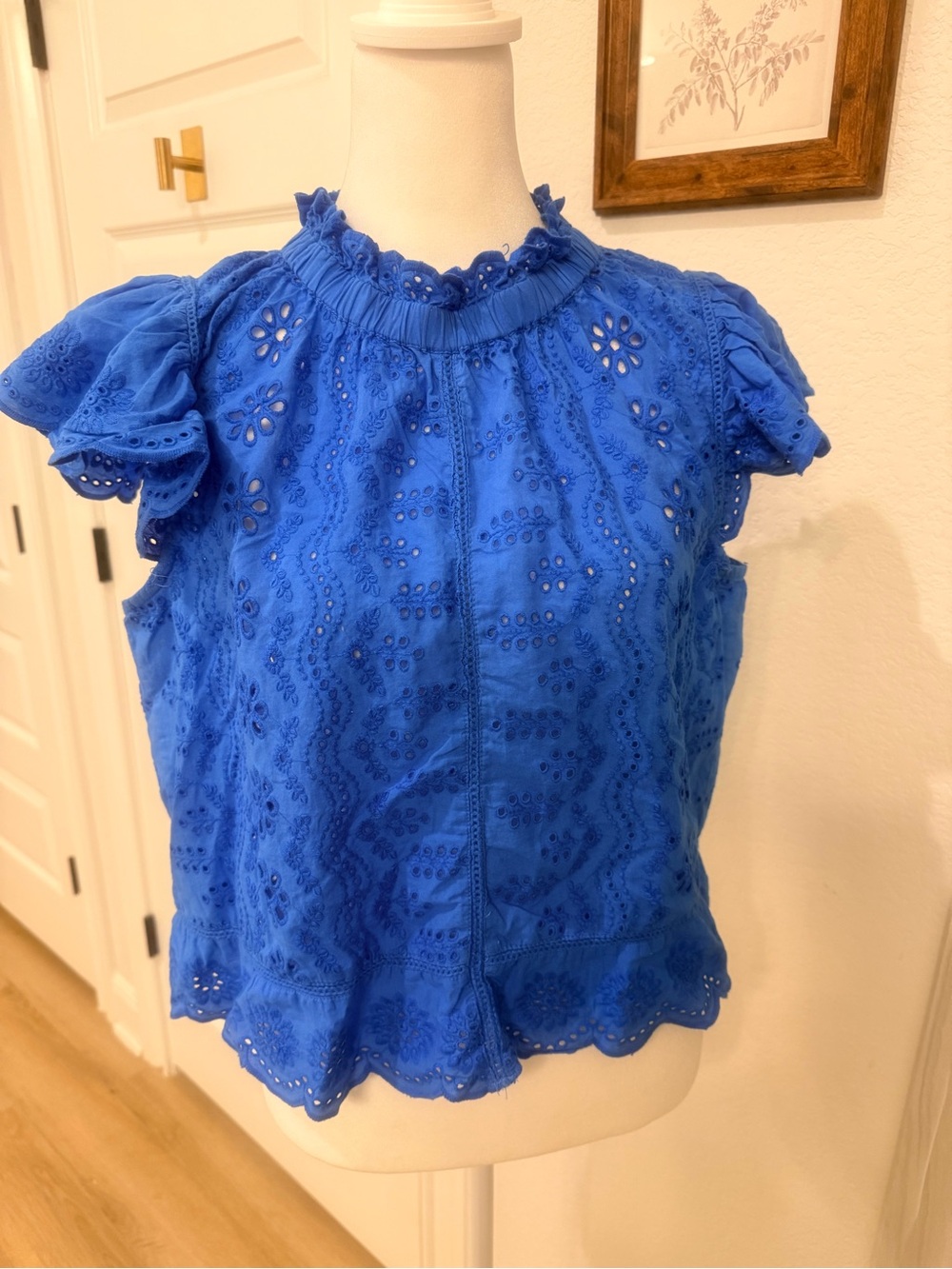 Royal Blue Eyelet Ruffle Neck Women's Blouse